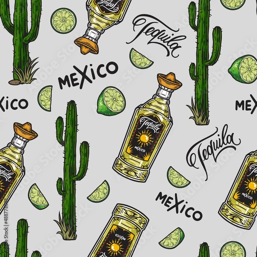 Tequila and cactus seamless pattern