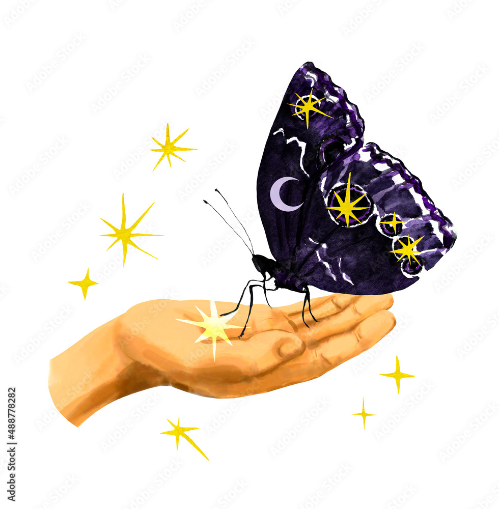 Hand holding mystical night butterfly with moon and stars. Celestial ...
