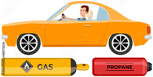 Cylinder, canister with fuel, gas storage. Container with flammable substance near man driving car. Metal tank with compressed propane. Pressurized gas cylinder next to guy in passenger automobile