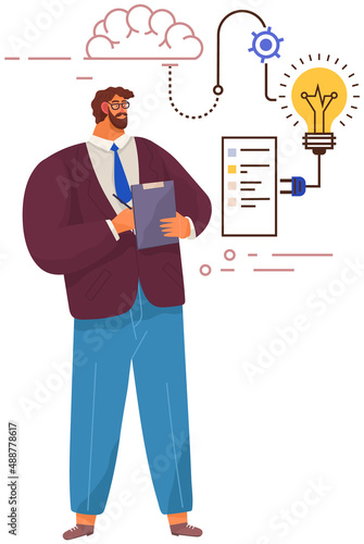 Concept of type of mental thinking with businessman with logical and mathematical mindset. Male character looks at sequence of symbols. Structural representation of human thinking, individual mind