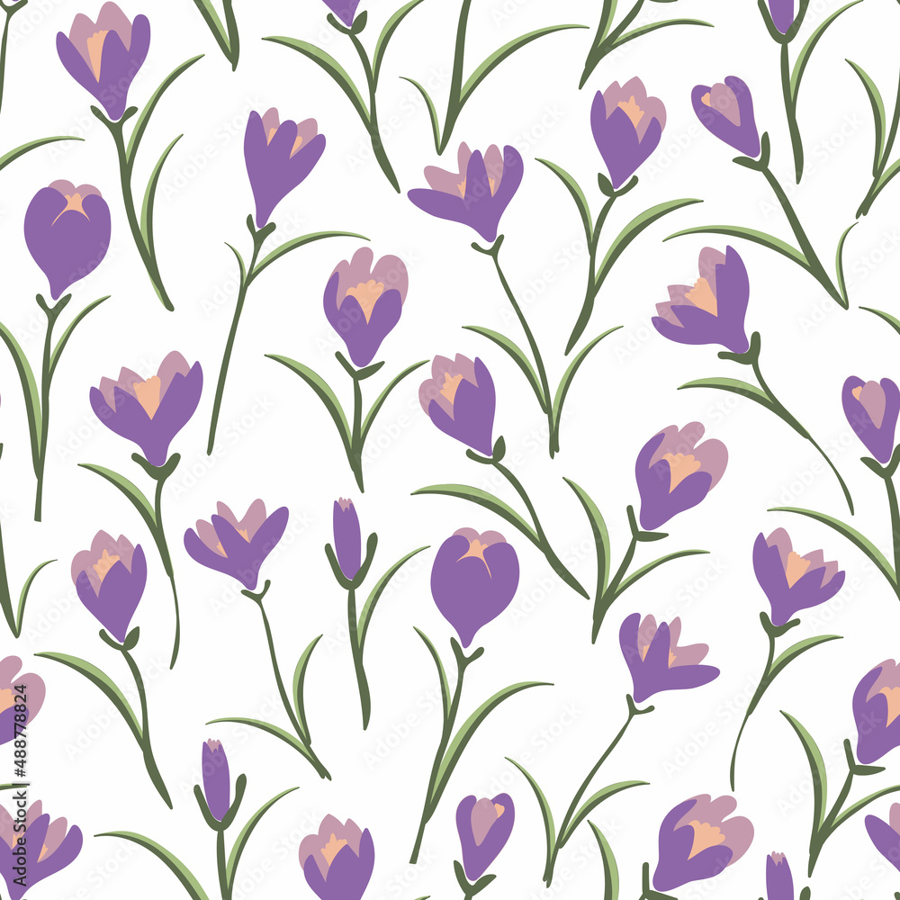 Floral seamless pattern with crocus. Modern print for fabric, textiles, wrapping paper. Vector illustration. Floral seamless pattern with crocus. Modern print for fabric, textiles, wrapping paper. Vector illustration.