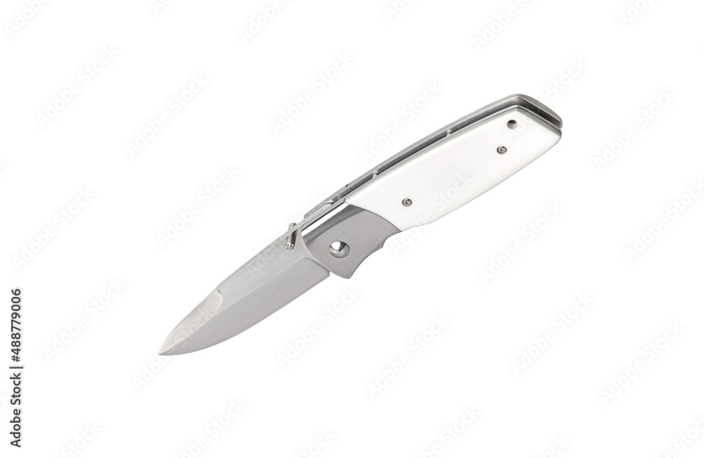 Pocket folding knife isolate on white back. Compact metal sharp knife with a folding blade. Pocket folding knife isolate on white back. Compact metal sharp knife with a folding blade.