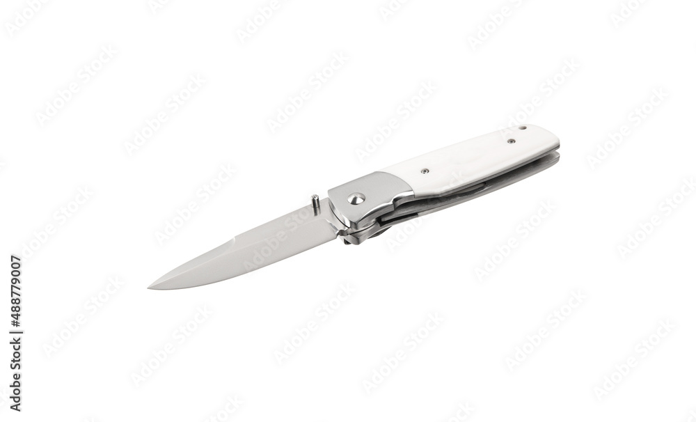 Pocket folding knife isolate on white back. Compact metal sharp knife with a folding blade. Pocket folding knife isolate on white back. Compact metal sharp knife with a folding blade.