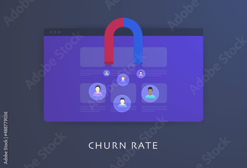 Ecommerce Churn Rate concept. Marketing Metric of the number of customers your business retains and at what value cost. Flat design vector illustration with website and magnet that attracts customers