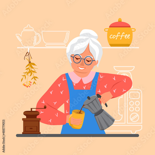 Elderly woman pours coffee into a mug from a geyser coffee maker. There is a coffee grinder on the table. There is a can of coffee on the kitchen shelf. Vector Illustration in flat style