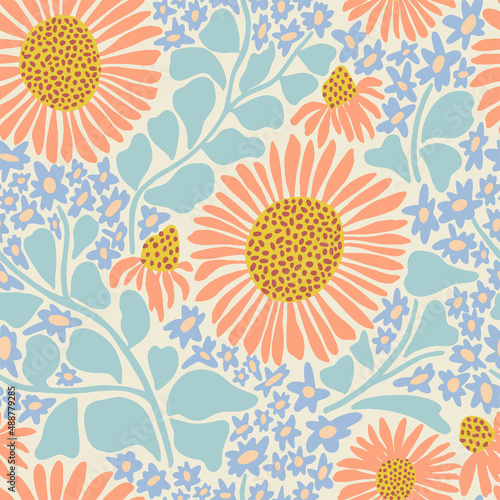 Vector hand-drawn retro sunflower illustration seamless repeat pattern fashion, home and kitchen print fabric  design digital artwork