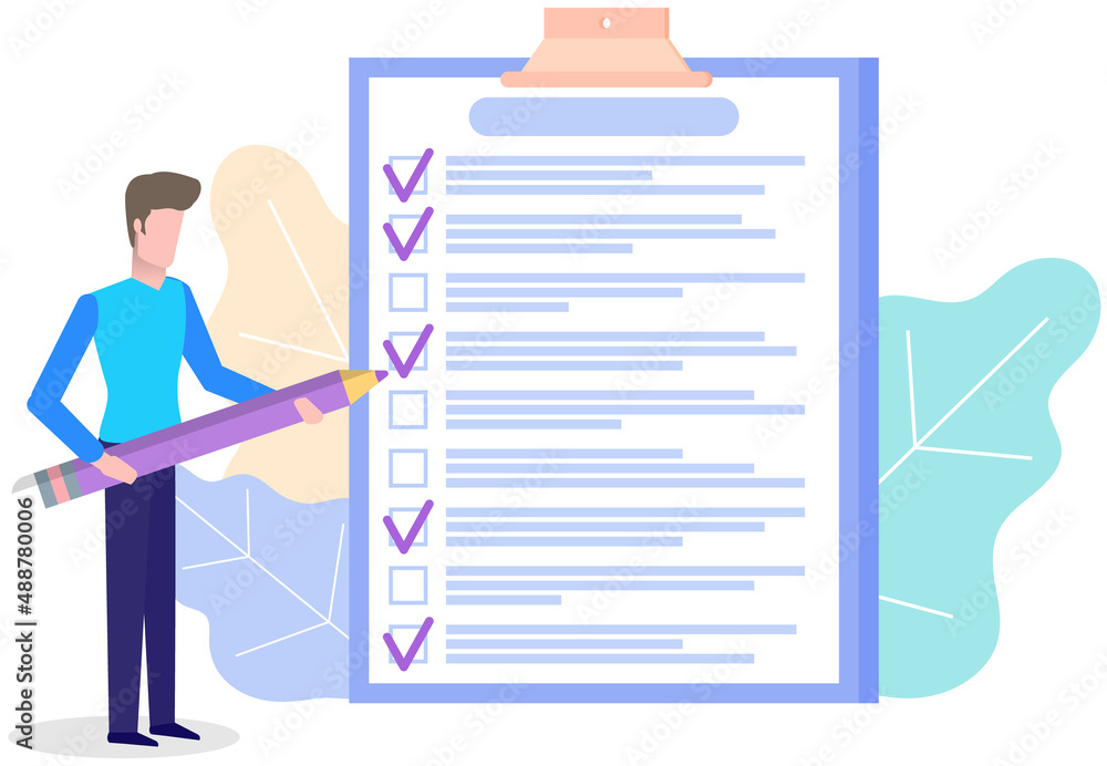 Month scheduling, to do list, time management. Businessman stands near checklist and planning. Plan fulfilled, task completed, timetable on paper sheet. Check list plan, schedule creation concept Month scheduling, to do list, time management. Businessman stands near checklist and planning. Plan fulfilled, task completed, timetable on paper sheet. Check list plan, schedule creation concept