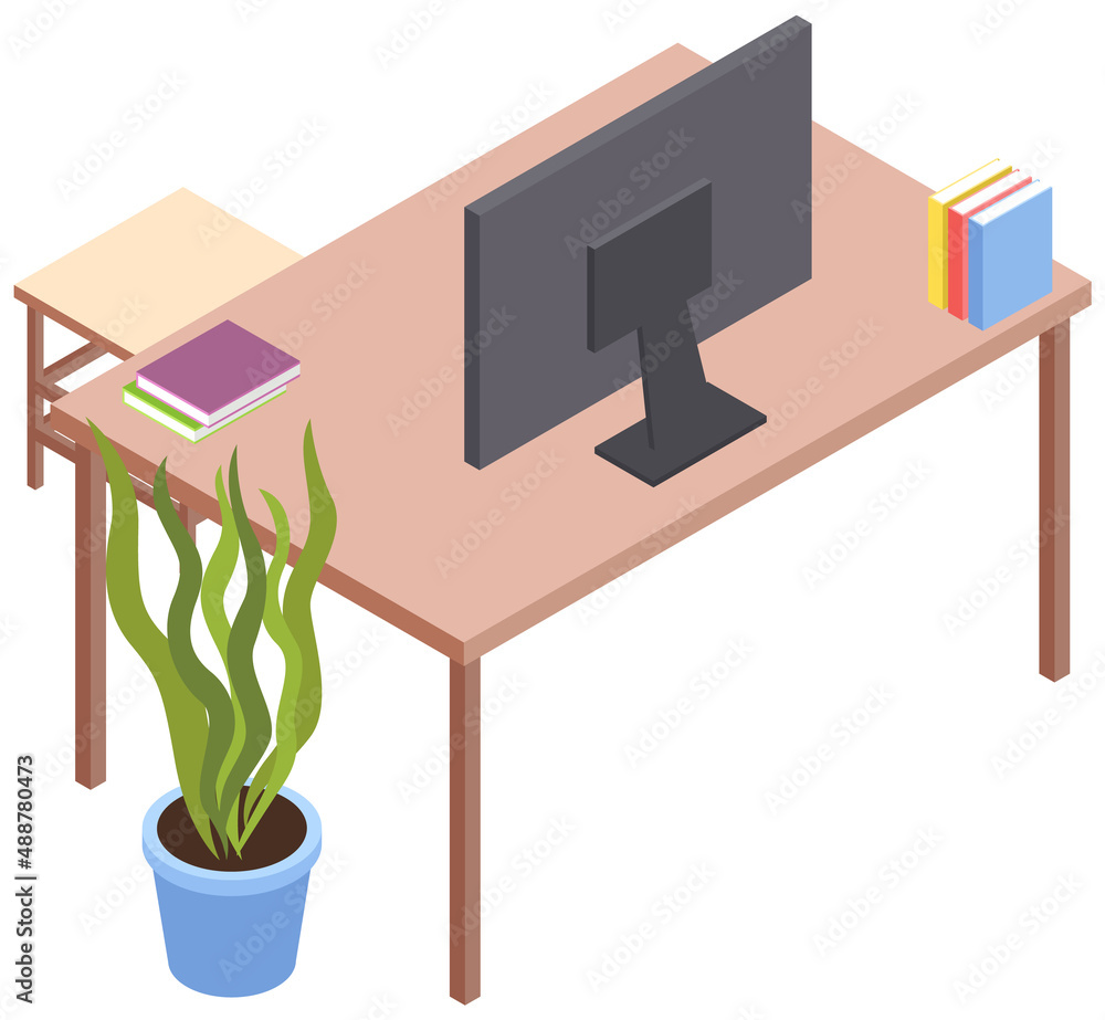 Home office desk with computer, books. Flat vector style, wooden table with  monitor back view. Modern workplace space for worker in comfortable room  interior. Furniture and equipment in living room Stock-Vektorgrafik