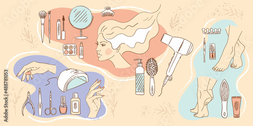 Collection of beauty accessories, silhouettes of women's faces, hands and foots. Mirror, hair dryer, bottles, combs, lipstick, scissors, manicure lamp, nail polish. Image for a beauty salon.