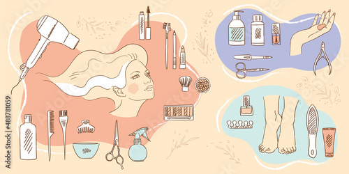 Collection of beauty accessories, silhouettes of women's faces, hands and foots. Hair dryer, bottles, combs, lipstick, scissors, nail polish, powder, mascara. Image for a beauty salon.
