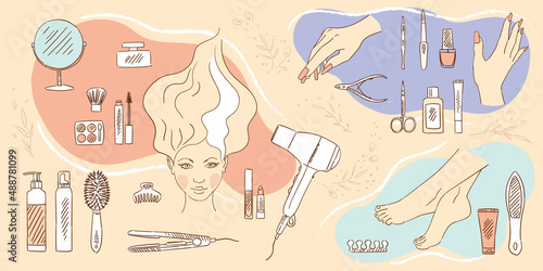 Collection of beauty accessories, silhouettes of women's faces, hands and foots. Mirror, hair dryer, bottles, combs, lipstick, scissors, nail polish, hair straightener. Image for a beauty salon.