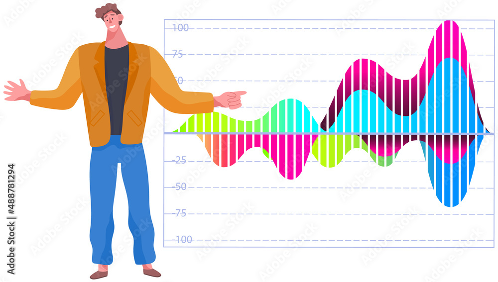 Man studies statistics on presentation. Male character working with report. Manager working and analyzing financial statistic. Male marketer examines information about metrics. Data screen with charts Man studies statistics on presentation. Male character working with report. Manager working and analyzing financial statistic. Male marketer examines information about metrics. Data screen with charts