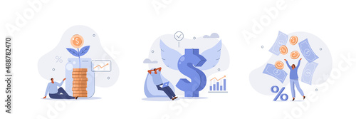Passive income illustration set. Characters enjoying financial freedom and independence. Successfully and free of debts people planning budget. Vector illustration.
