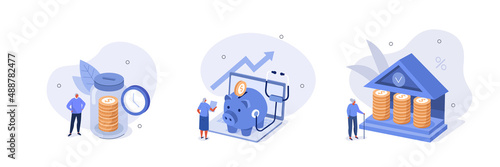 
Retirement fund illustration set. People characters investing money in pension fund. Seniors saving money for retirement. Health investment concept. Vector illustration.