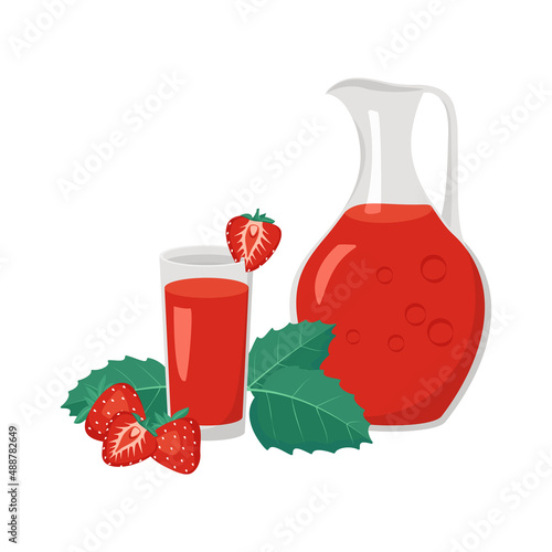 Jug and glass of red strawberry juice or drink with berries and leaves. Sweet delicious food and beverage. Vector flat illustration