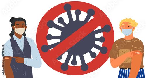 Stop coronavirus agitation concept. Vaccination promo, immunization of workers. Vaccine saves lives. People wearing protective mask showing their arm with bandage after receiving covid-19 vaccine
