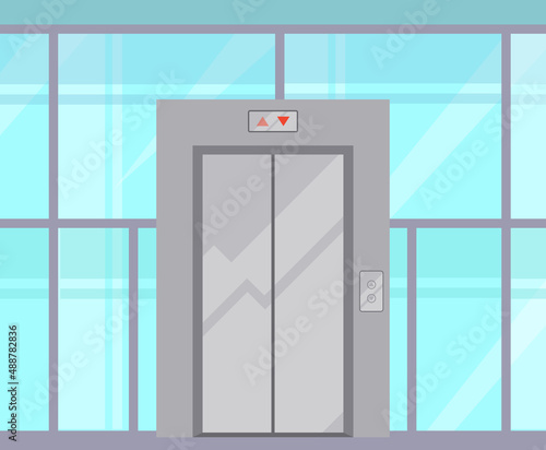 Elevator with closed gates, buttons and stage number panel. Lift for transporting people between floors. Iron elevator in modern residential or office building. Lifting mechanism in passenger vehicle