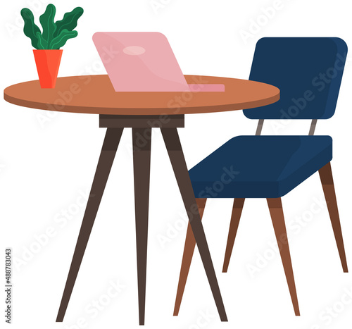 Modern workplace with computer flat design. Office chair and desk with laptop, potted plant isolated on white. Furniture and equipment for workplace of an employee or office worker, cabinet interior