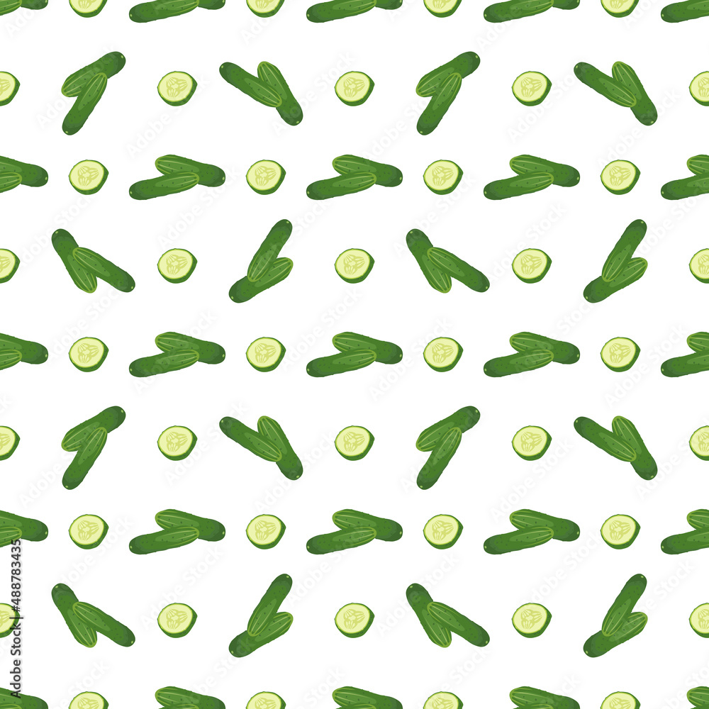 Seamless pattern with green cucumber cut into pieces. Delicious healthy vegetable print on white background, fresh food for salad preparation, harvest. Vector flat illustration Seamless pattern with green cucumber cut into pieces. Delicious healthy vegetable print on white background, fresh food for salad preparation, harvest. Vector flat illustration