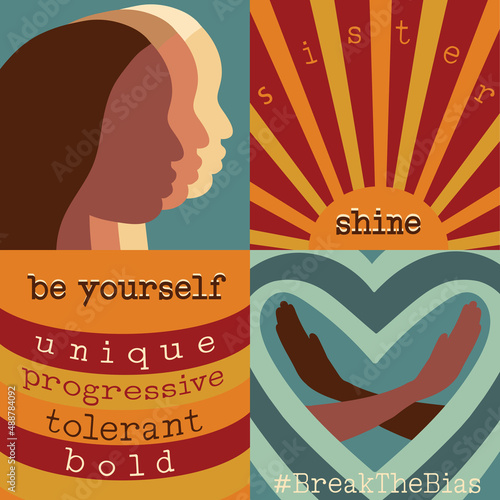 Break The Bias. International womens day.Vector illustration in retro style,female faces,crossed hands, lettering,sunset