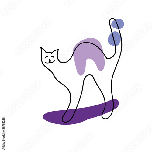 Funny hand drawn cat. Playful kitten and abstract modern shapes in very peri color isolated on white background.