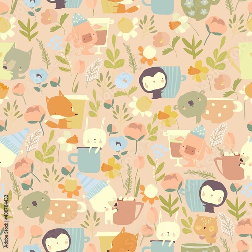Seamless Pattern with Little Animal, Cute Cups and Flowers
