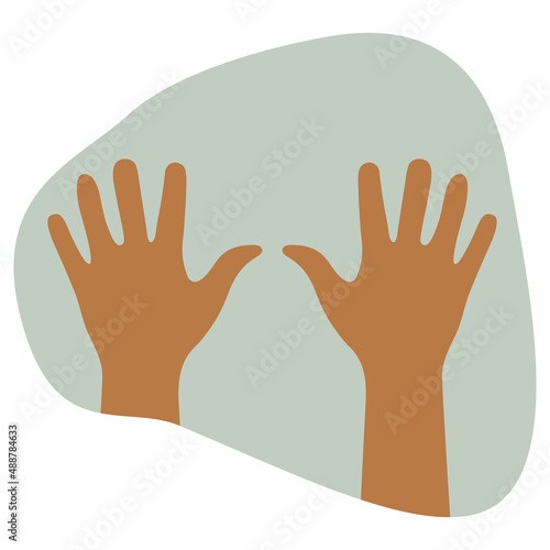 Two light yellow-brown color arms. Grede-pearl colored abstract spot as background. Hand details from wrist to fingertips. Two human bunch of fives close up. Palms with spread fingers. Body parts.