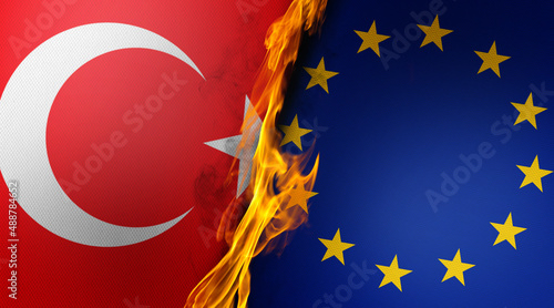 Burning Turkish and European Union Flags are Paired Together