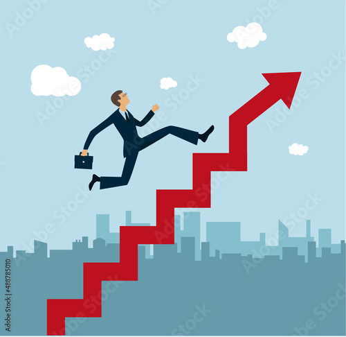 un homme d'affaires gravit les marches d'un escalier qui mène à la réussite financière et à la réussite de sa carrière. L'escalier forme de flèche monte vers le haut. La ville est en arrière plan