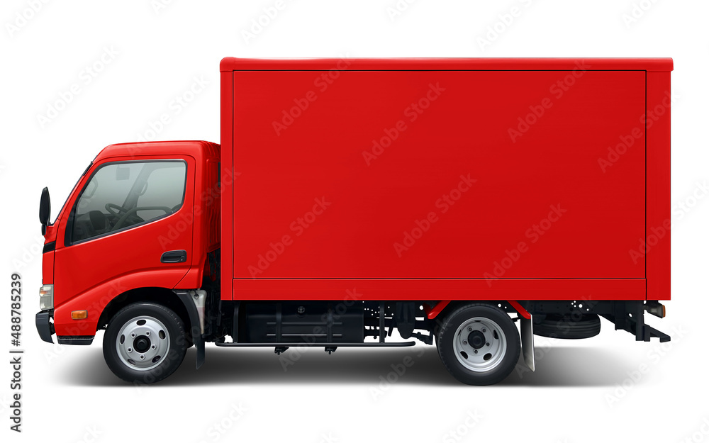 Small and all red modern delivery truck with box body. Side view isolated on white background. Small and all red modern delivery truck with box body. Side view isolated on white background.