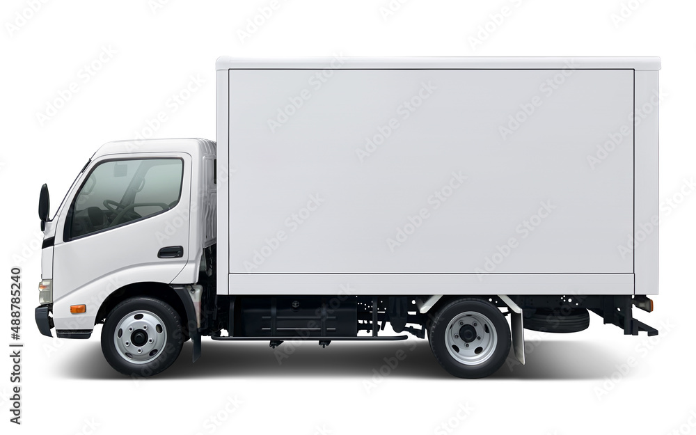 Small and all white modern delivery truck with box body. Side view isolated on white background. Small and all white modern delivery truck with box body. Side view isolated on white background.