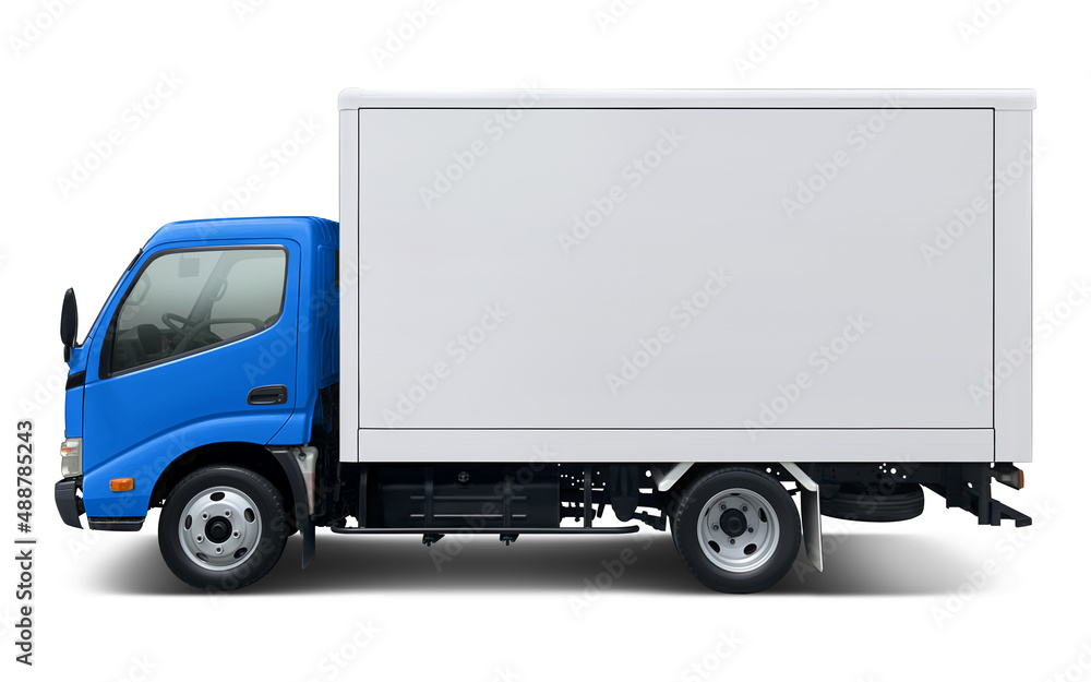 Small modern delivery truck with blue cab and white box body. Side view isolated on white background. Small modern delivery truck with blue cab and white box body. Side view isolated on white background.