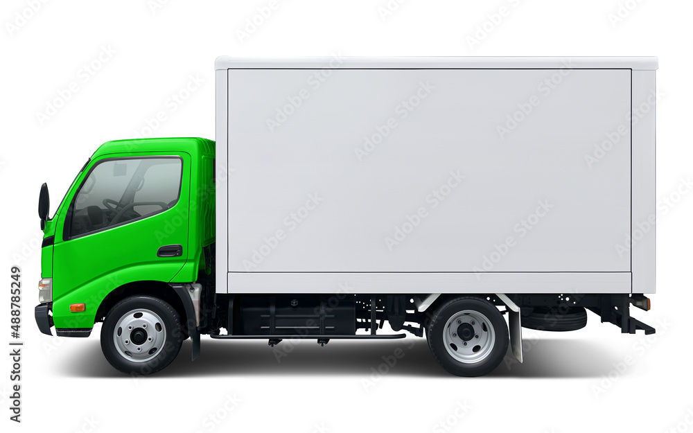 Small modern delivery truck with green cab and white box body. Side view isolated on white background. Small modern delivery truck with green cab and white box body. Side view isolated on white background.