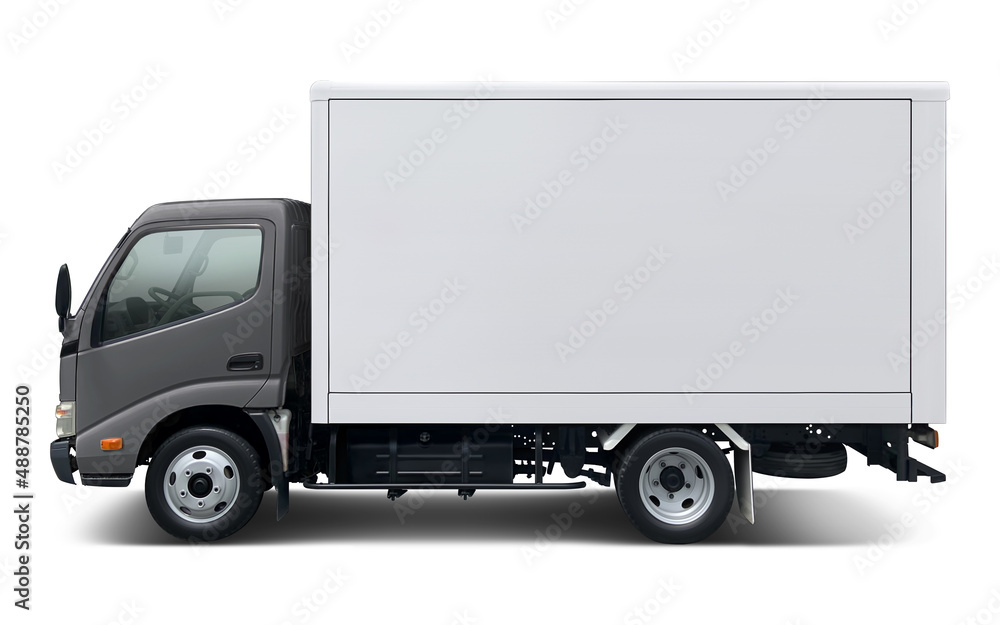 Small modern delivery truck with gray cab and white box body. Side view isolated on white background.