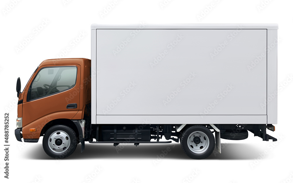 Small modern delivery truck with brown cab and white box body. Side view isolated on white background. Small modern delivery truck with brown cab and white box body. Side view isolated on white background.