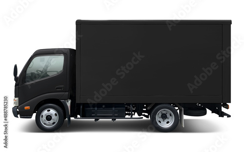 Small and all black modern delivery truck with box body. Side view isolated on white background.