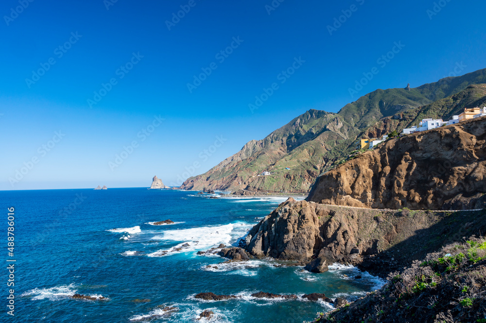Panoramic view Playa del Roque de las Bodegas and blue Atlantic ocean, Anaga national park near Tanagana village,  North of Tenerife, Canary islands, Spain