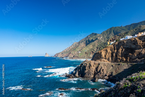 Panoramic view Playa del Roque de las Bodegas and blue Atlantic ocean, Anaga national park near Tanagana village, North of Tenerife, Canary islands, Spain