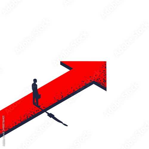Businessman standing on arrow before road forward. Vision business concept. Looking in future. Vector illustration flat design. Isolated on background. Search solution.