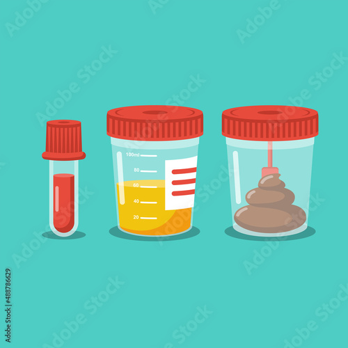 Set test tubes. Blood urine and stool. Medical equipment. Specimen analysis. Plastic containers with biomaterial. Laboratory analysis. Vector illustration flat design. Isolated on white background.