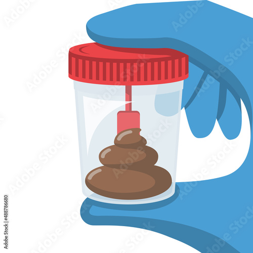 Stool analysis. Stool test icon. The doctor in gloves holds jar with urine analysis. Medical sample in a glass tube. Laboratory container with excrement. Vector illustration flat cartoon design.