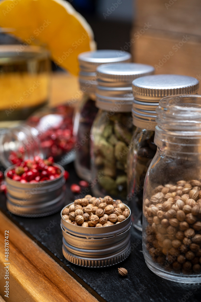 Professional set of gin spices in small bottles, pink pepper, hibiscus flowers, juniper berries, cardamom and coriander seeds
