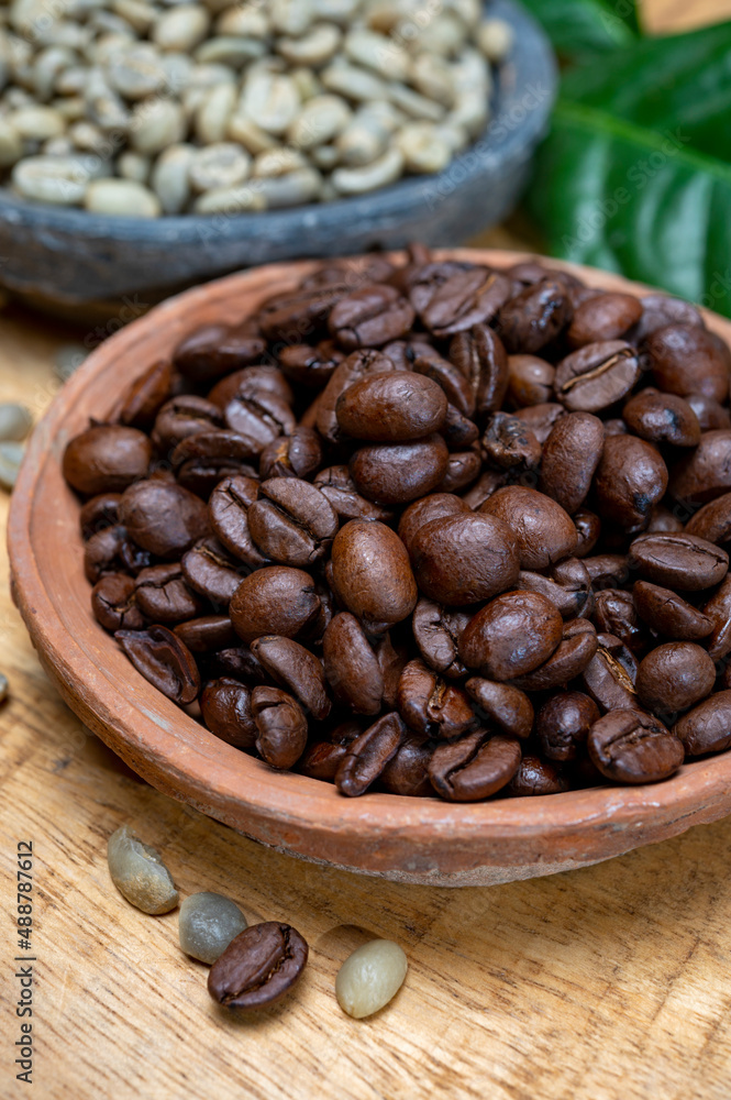 Fototapeta premium Green un-roasted and brown roasted coffee beans from Africa coffee producing region, cultivating in Ethiopia, Ivory Coast, Uganda, Kenya, Rwanda and Tanzania