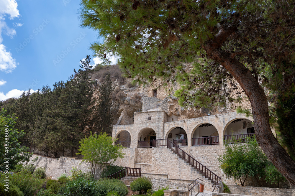 View on walls and buildings of Agios Neophytos Monastery on Cyprus