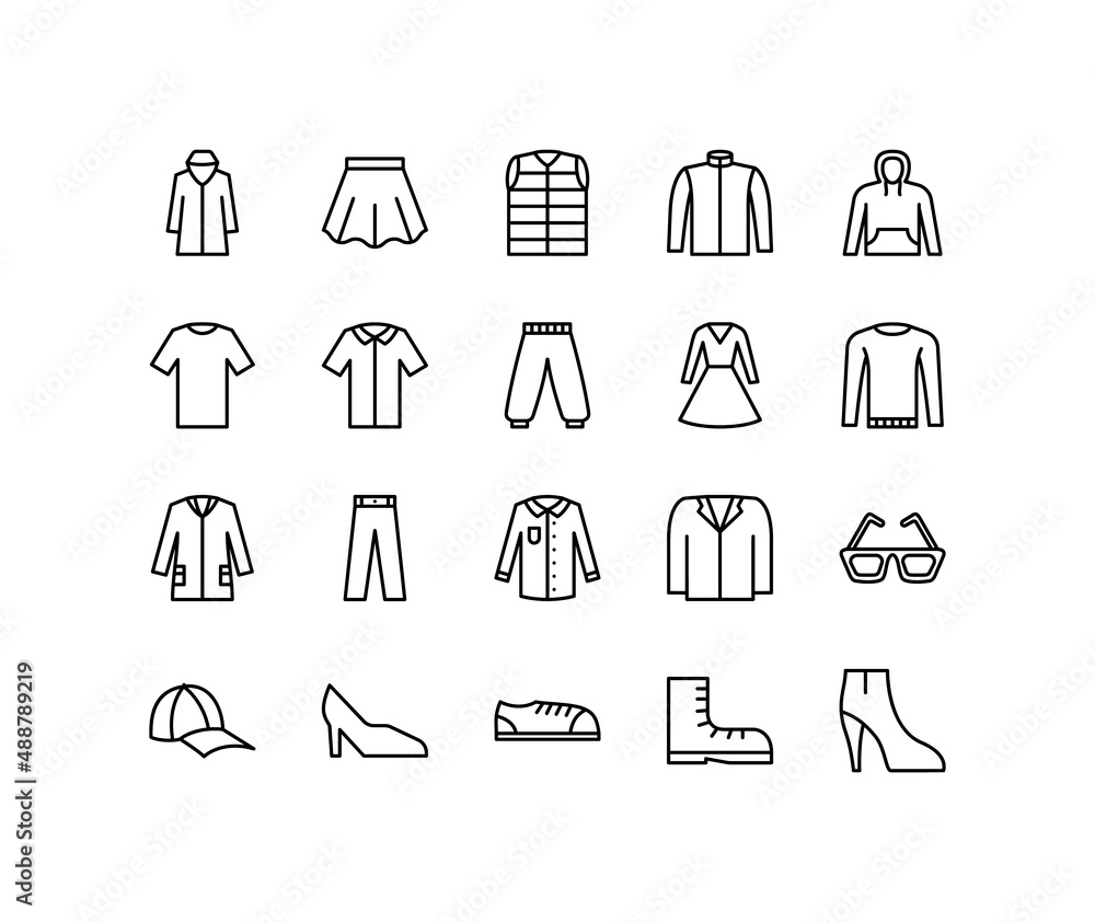 Clothing flat line icons set. Included sign as shirt, sweater, pants, skirt. Simple flat vector illustration for web site or mobile app Clothing flat line icons set. Included sign as shirt, sweater, pants, skirt. Simple flat vector illustration for web site or mobile app