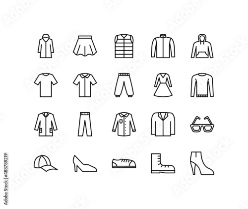 Clothing flat line icons set. Included sign as shirt, sweater, pants, skirt. Simple flat vector illustration for web site or mobile app