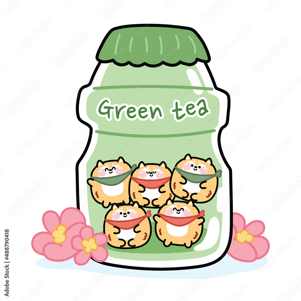 Cute shiba inu dog in green tea milk bottle with sakura   character cartoon  ..  Stock Vector | Adobe Stock