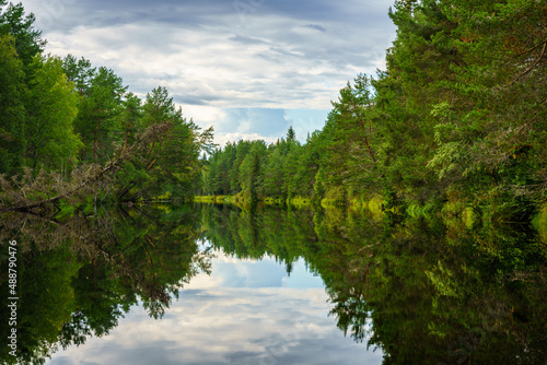 Calm river flowing through a forest in Sweden