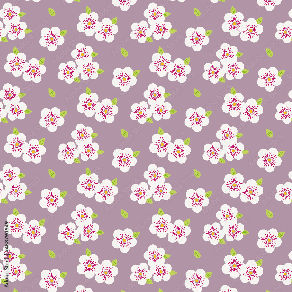Floral pattern in flat style with pencil texture on a lilac background