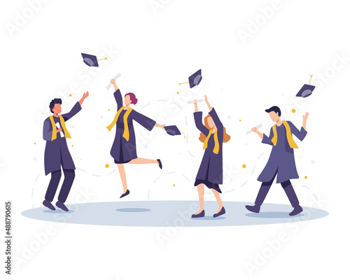 Cheerful graduates people in academic cap and gown rejoice with diploma character